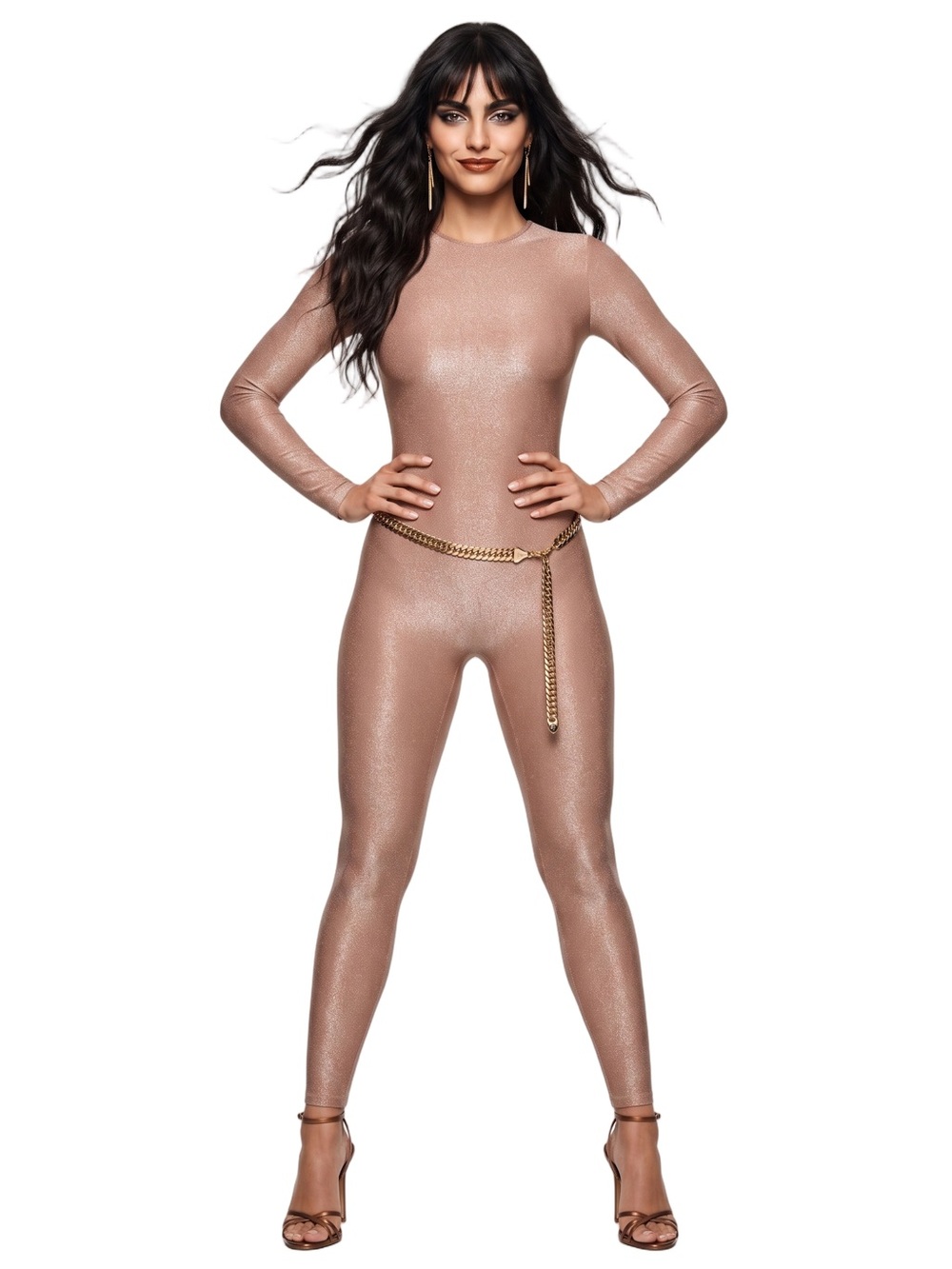 SKIMS Shimmering Gold and Nude Catsuit Longsleeve Crewneck Bodycon Stunning Suit